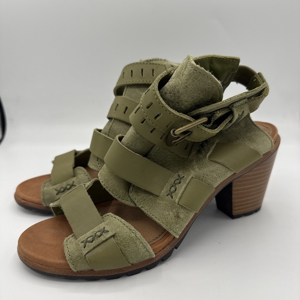 Sorel Nadia buckle heels sandals, size 7 Women Olive Green Nwob Leather Heels